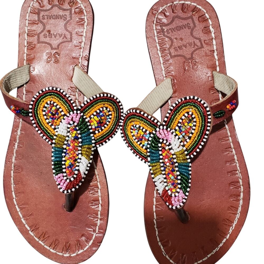 Yaabs African Beaded Leather Flat Sandals Thong Flip Flops Size EU 39 US 8.5